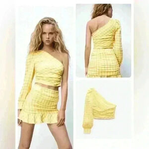 ZARA One Shoulder Gingham Crop Top Mini Dress Yellow White checkered size  XS